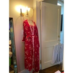 VTG. Viamode 90s Burgundy Floral  Kimono  Robe SZ M  & Nightgown SZ S